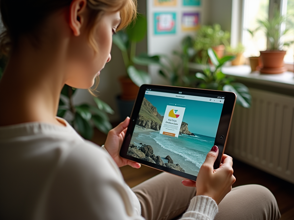 Woman viewing travel destination on tablet, displaying coastal scenery with advertisement.