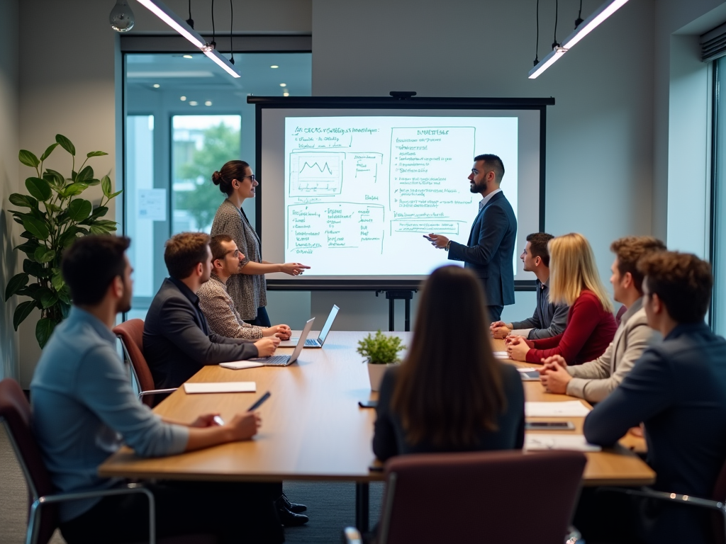 Business presentation in a modern office with two presenters and attentive team members.