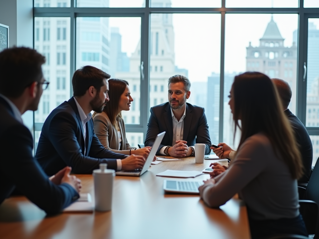 Group of business professionals engaged in a discussion around a conference table with city view.