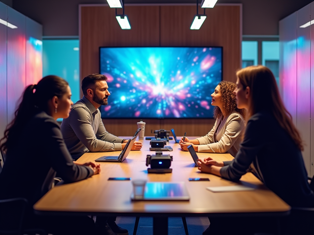 Four professionals in a meeting with a vibrant digital display background in a modern office.