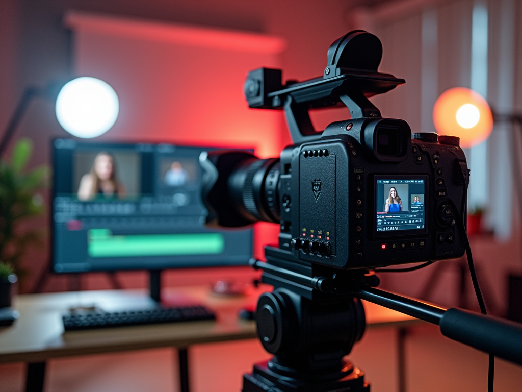 Camera setup filming a woman, featuring focus on screen with blurred background of studio lights.