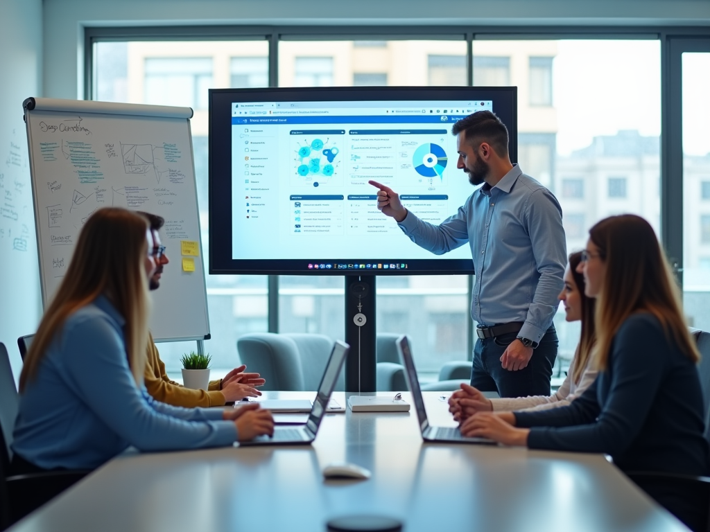 Man presenting data to colleagues on a screen in a modern office meeting room.