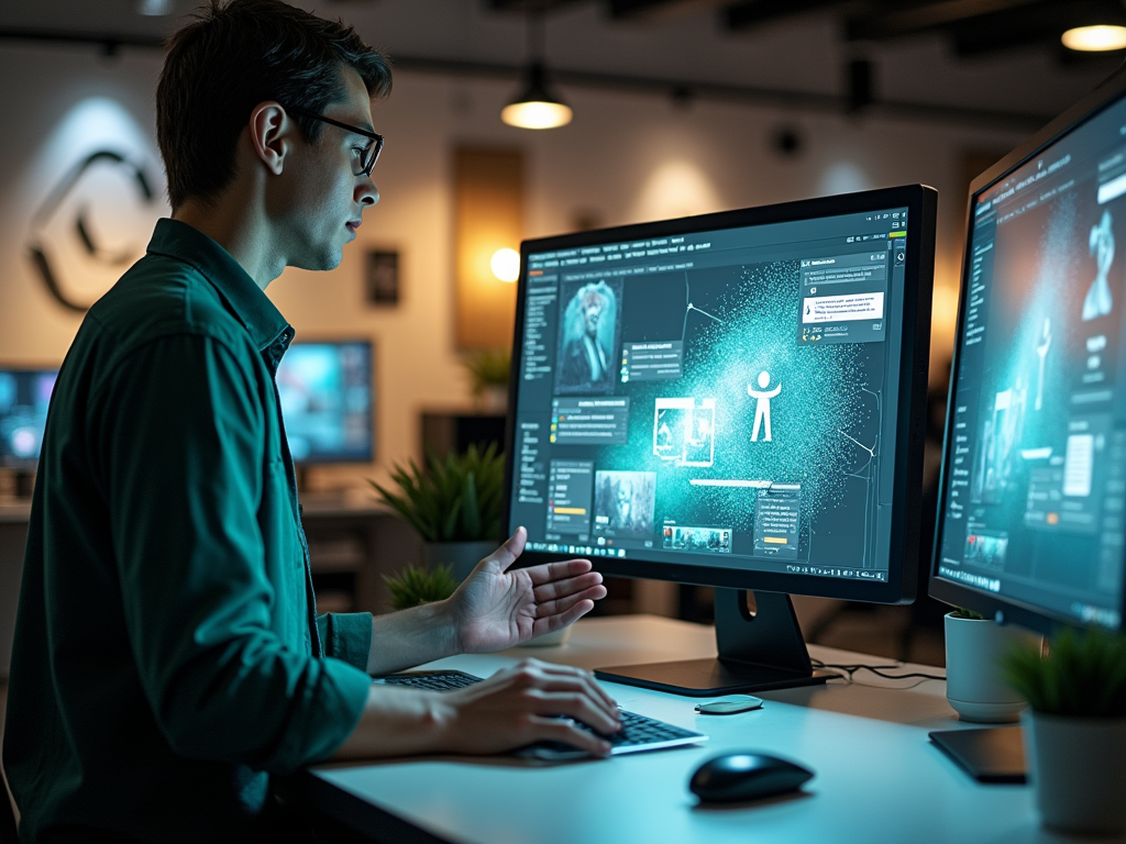 Man in glasses analyzes data on multiple computer screens in a dimly lit office.