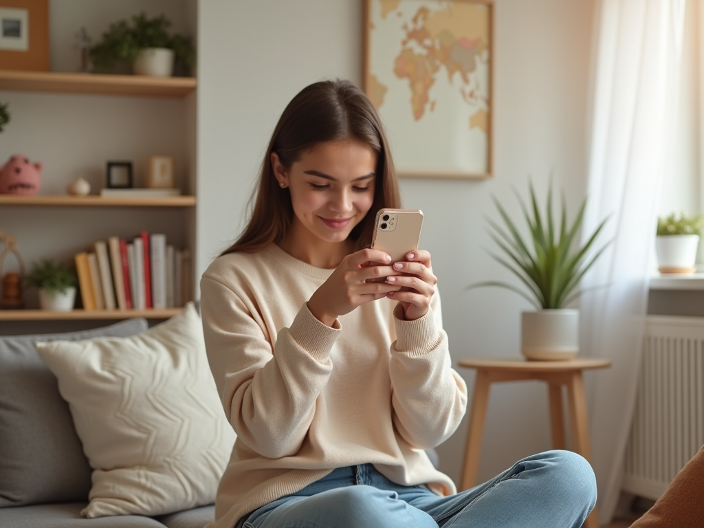 Young woman smiling while using smartphone in cozy living room.