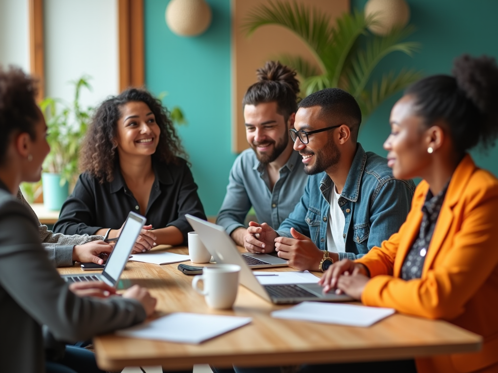 Diverse group of professionals laughing and discussing in a well-lit workspace.