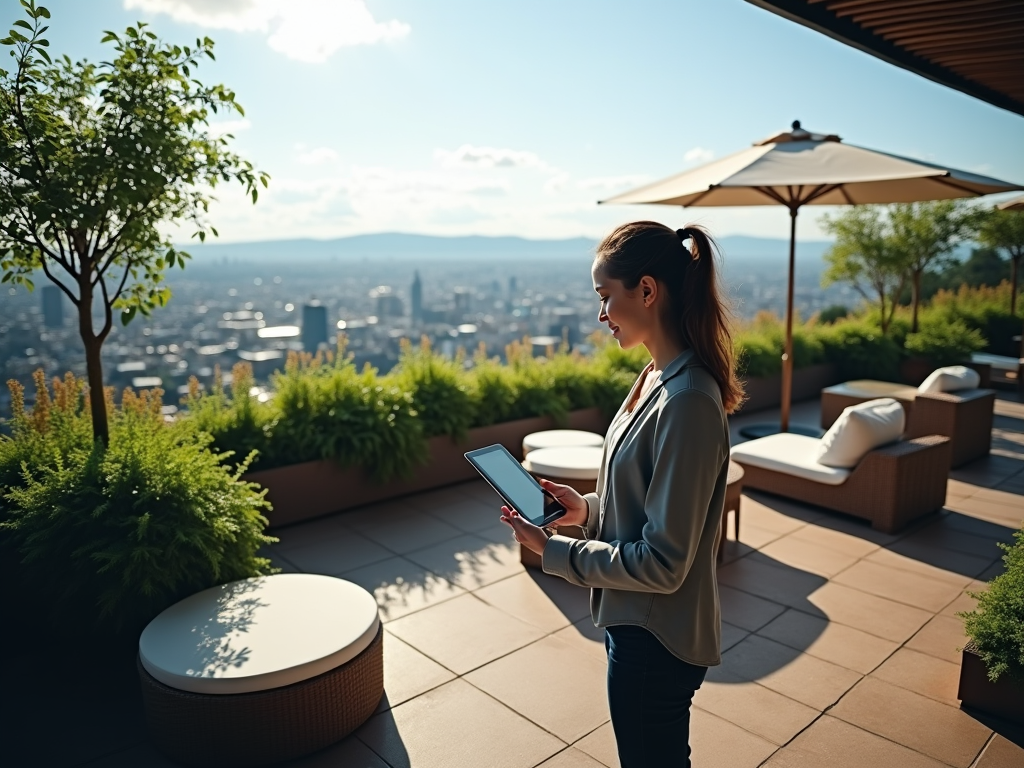 Woman with tablet on rooftop garden overlooking city.