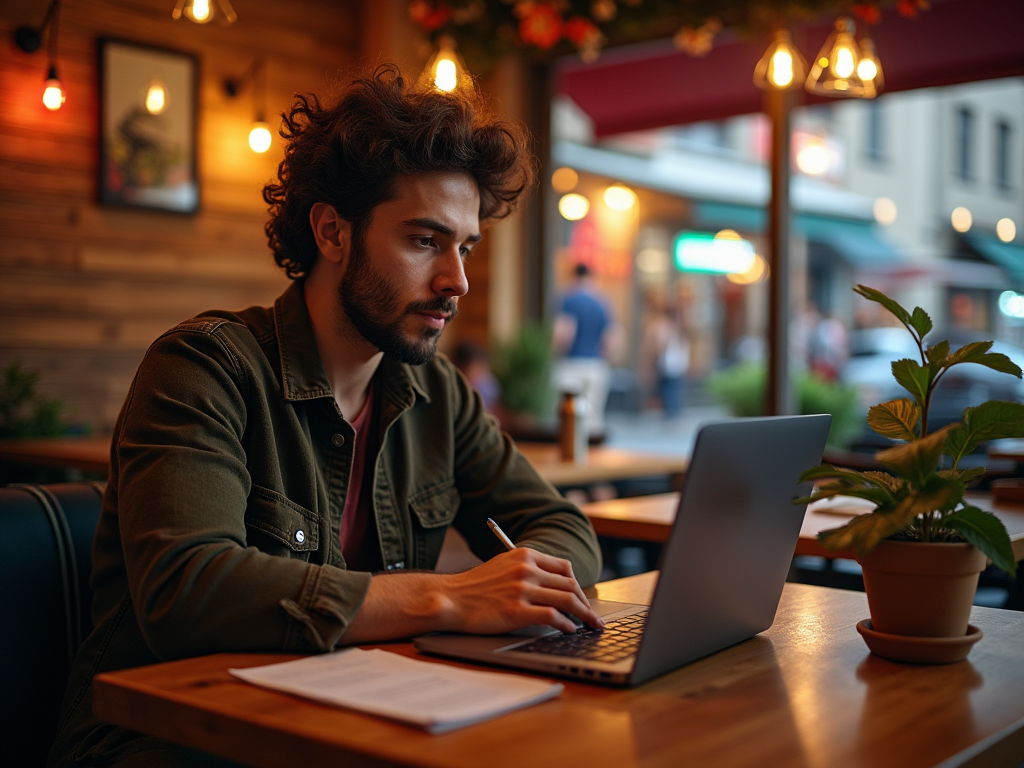 Man working on laptop in a cozy cafe, with warm lighting and street view.