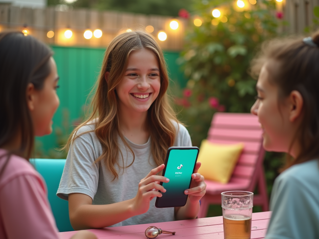 Three girls enjoying time together, one showing a phone with a TikTok screen, sitting at a garden table with string lights.