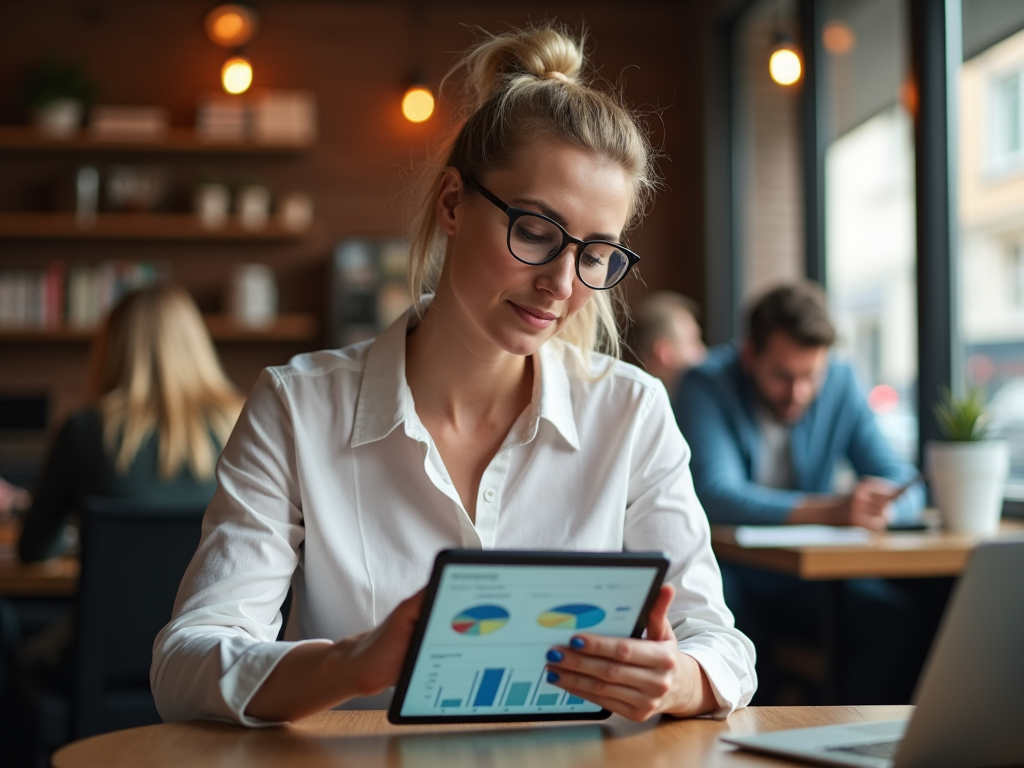 Woman in glasses reviewing charts on tablet in a busy cafe.