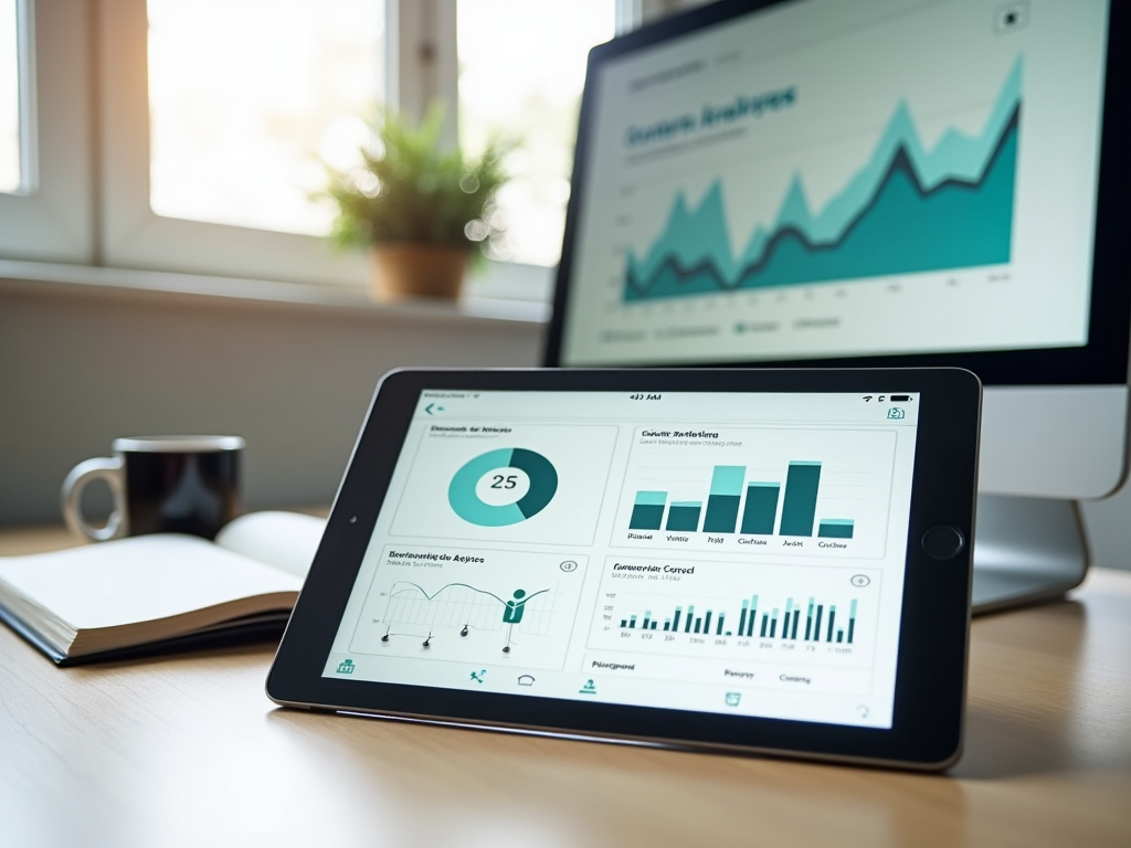 Tablet with business analytics display, next to a notebook on a desk with a background monitor showing a graph.