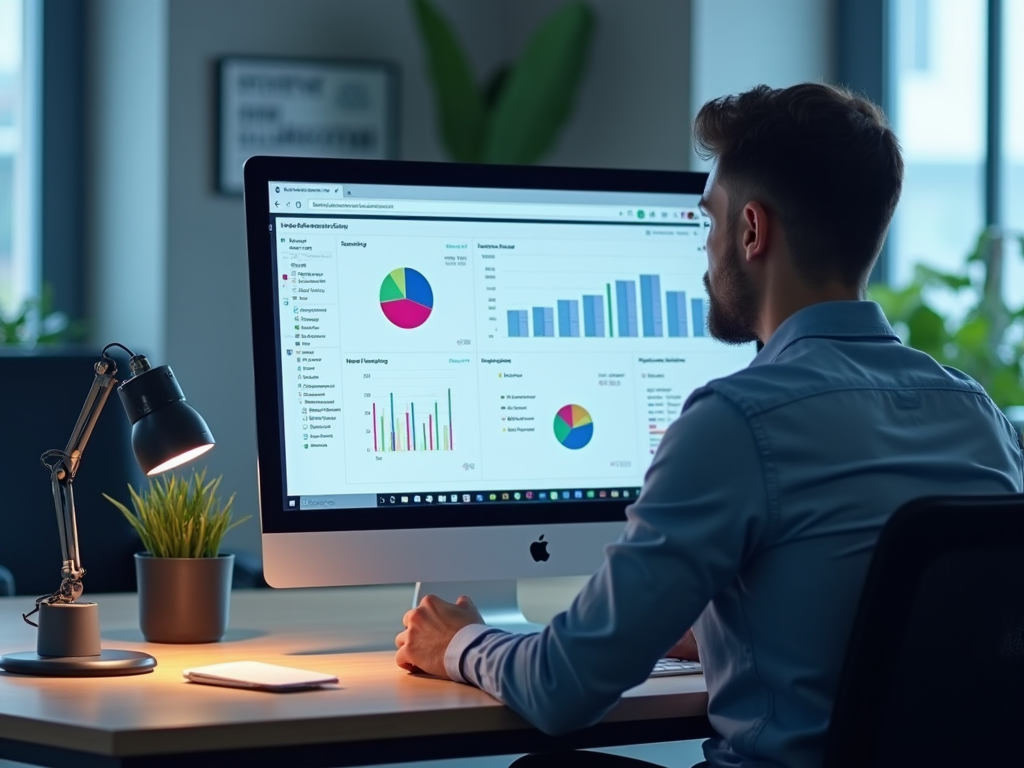 Man analyzing data charts on computer screen in modern office setting.