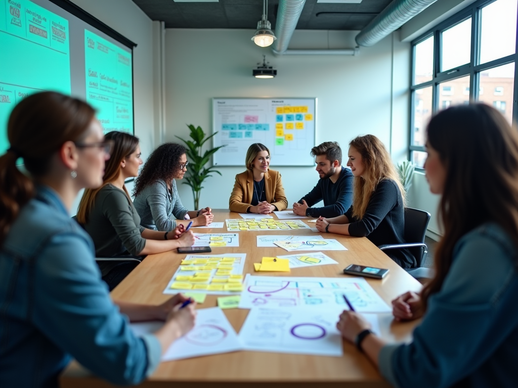 Diverse team collaborates around a conference table with papers and digital screen displaying data.