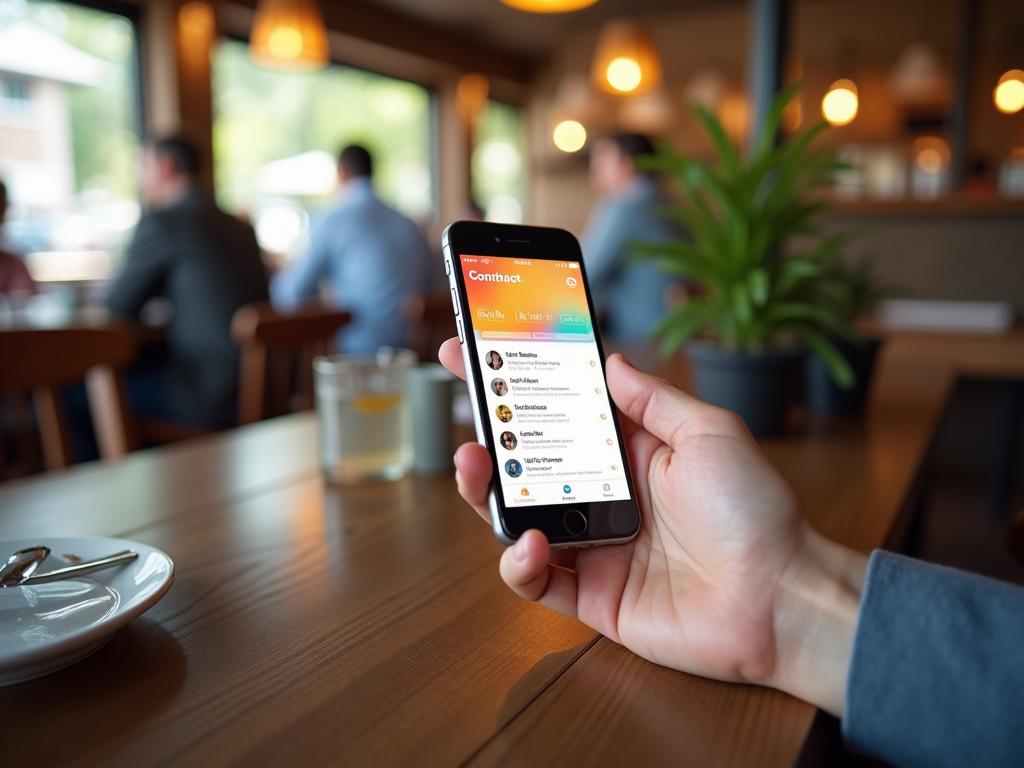 Person holding a smartphone in a cafe, displaying an app with categories such as "Analytics" and "Budget."