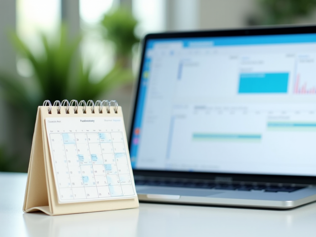 Desk calendar in focus, with blurred laptop showing graphs in the background.