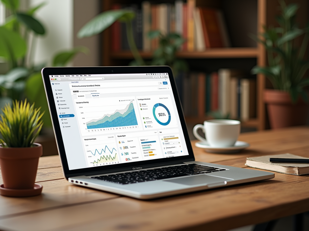 Laptop on desk showing analytics dashboard with graphs, a coffee cup, and plants around in a cozy room.