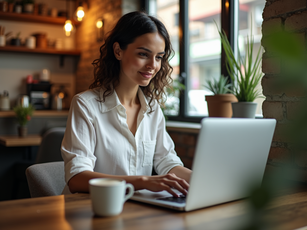 Woman using laptop in cozy café with coffee mug, plants, and soft lighting.