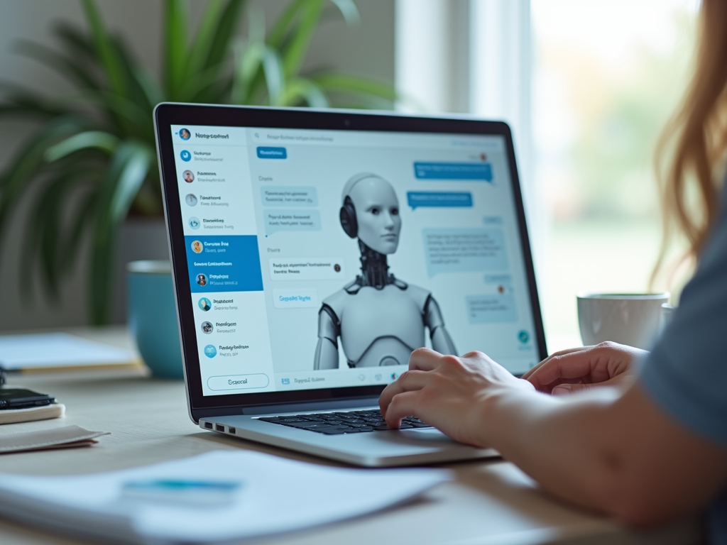 Person working on a laptop with an AI chatbot profile on the screen.