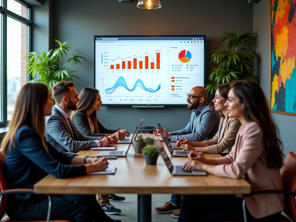 Professionals in a meeting room discussing charts displayed on a screen.