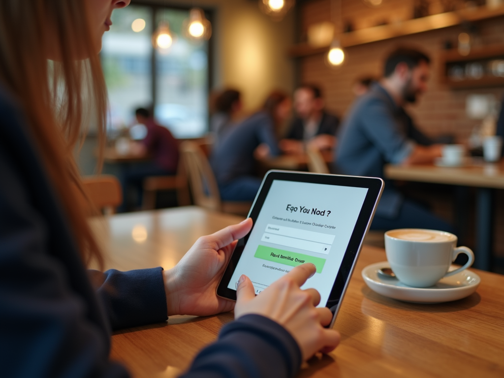 Woman in cafe using tablet showing "Ego You Nod?" survey with a cup of coffee on the table.