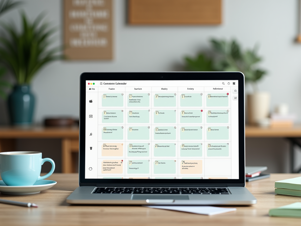 Laptop screen displaying a colorful weekly calendar planner with various appointments, on a desk with a coffee cup.