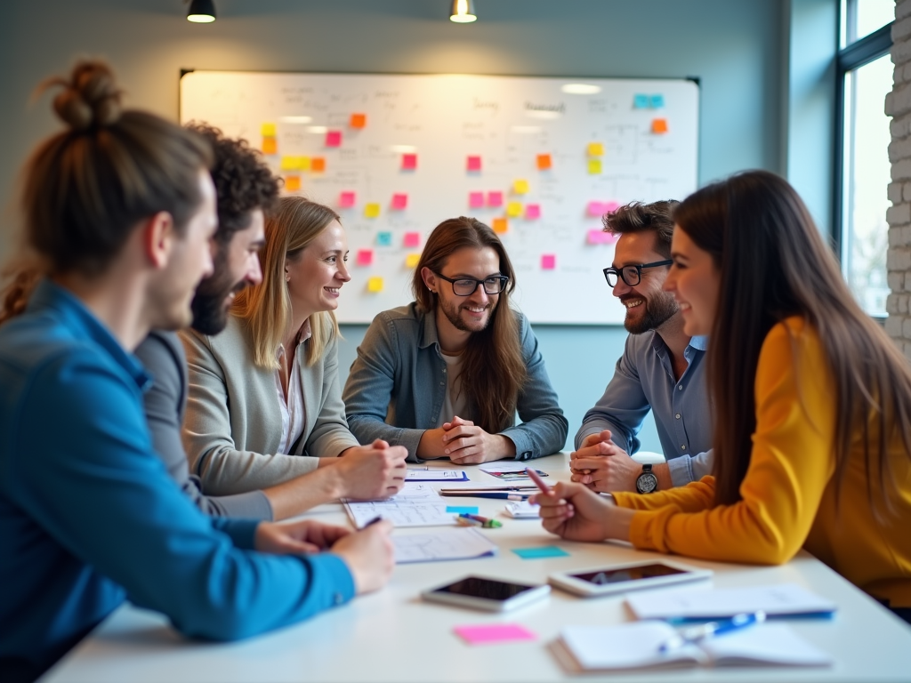 Group of professionals laughing and discussing around a table with papers and colored sticky notes.