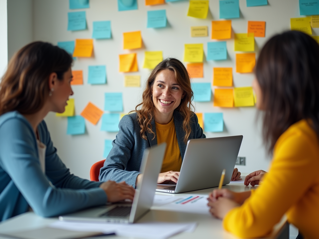 Three women collaborating at a table with laptops in a colorful sticky note-covered room.