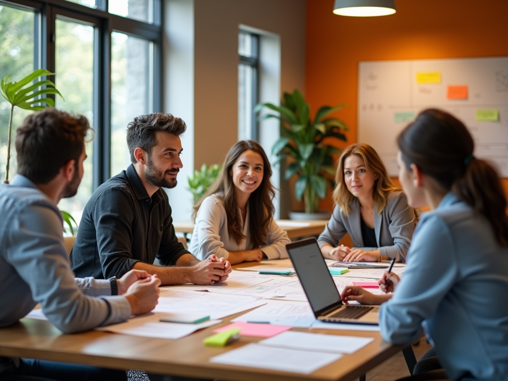 A diverse group of professionals engage in a discussion around a table filled with papers and a laptop.