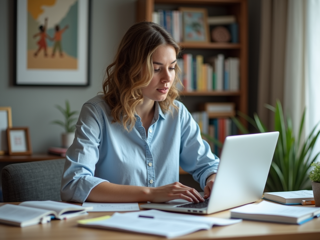 A young woman with wavy hair types on a laptop at her home office desk, surrounded by books and plants.