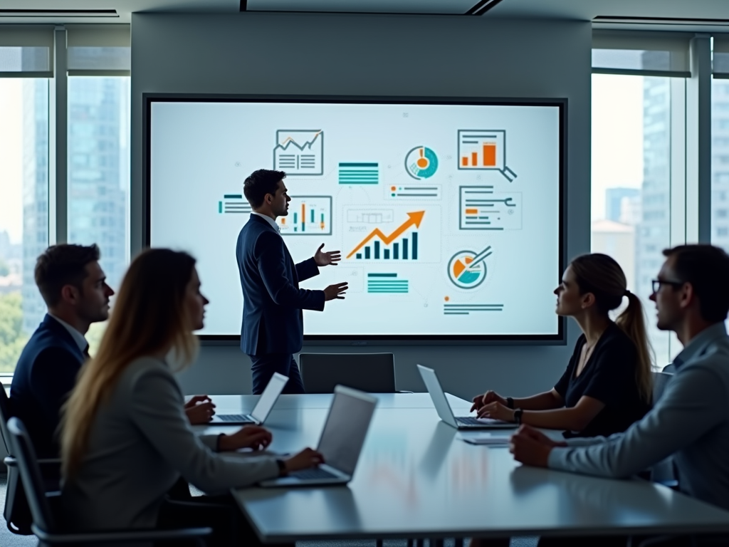 A business presentation in a modern meeting room with charts displayed on a screen and attendees engaging.