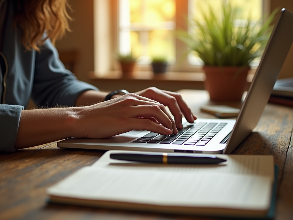 A person typing on a laptop with a notebook and pen on a wooden table, sunlight coming from a nearby window.