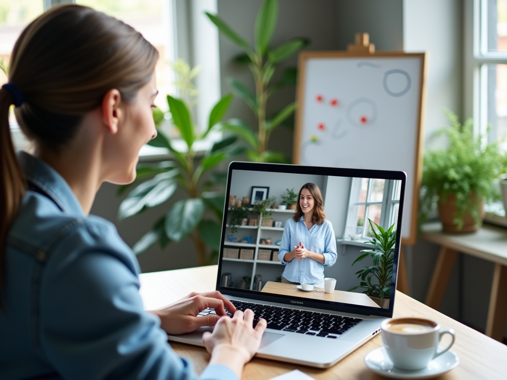 A person sits at a desk, watching a woman speaking on a laptop screen, with plants and a sketchboard in the background.