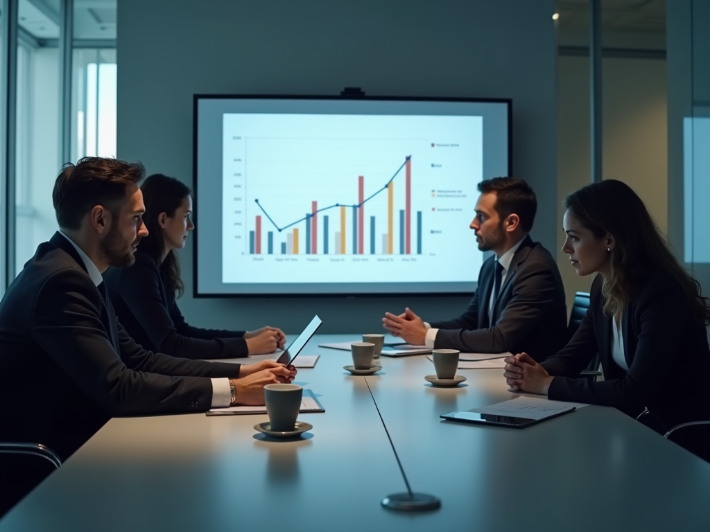 A business meeting in a conference room with four professionals discussing a graph displayed on a screen.