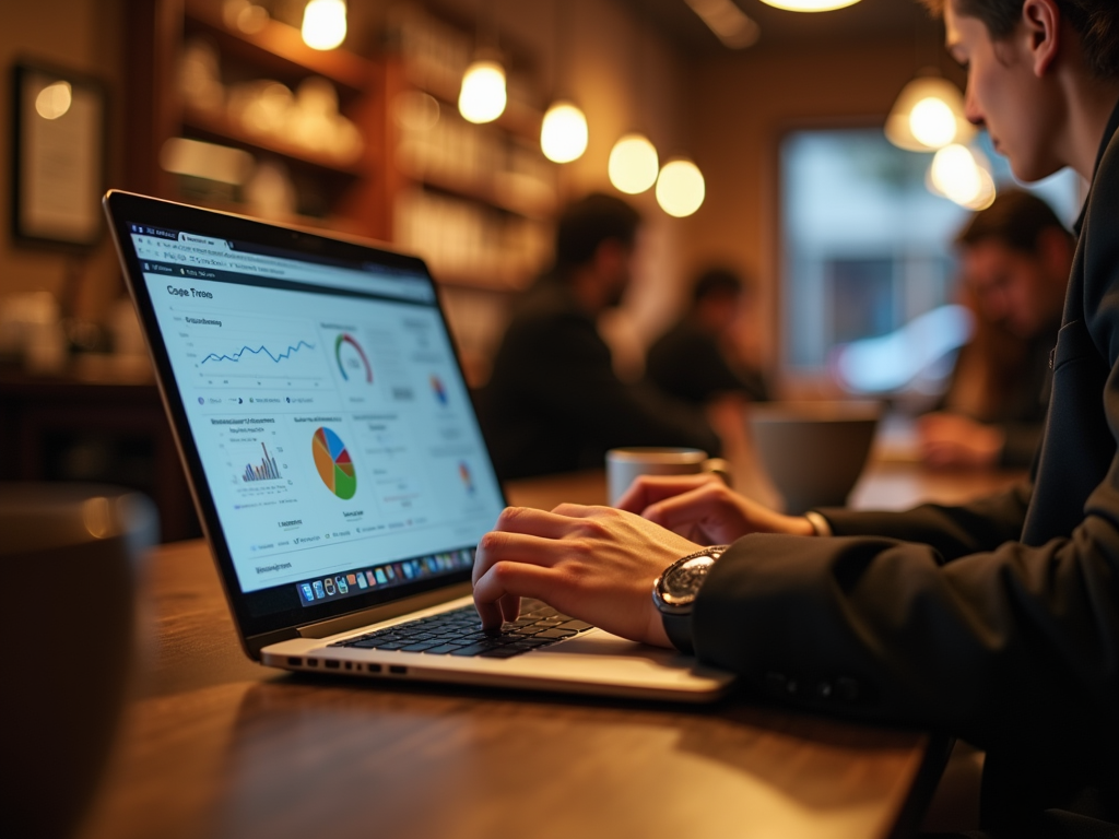 A person in a suit types on a laptop showing charts and graphs, with others working in a cozy coffee shop.