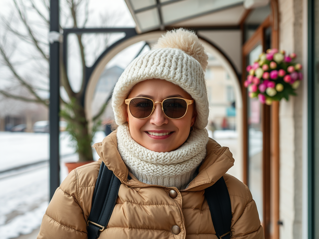 A smiling woman wearing a winter coat, knitted hat, and sunglasses stands outdoors in a snowy setting.