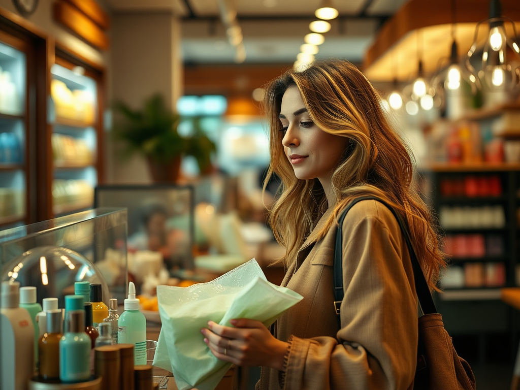 A woman shopping in a brightly lit store, holding a green package, surrounded by cosmetic products on display.