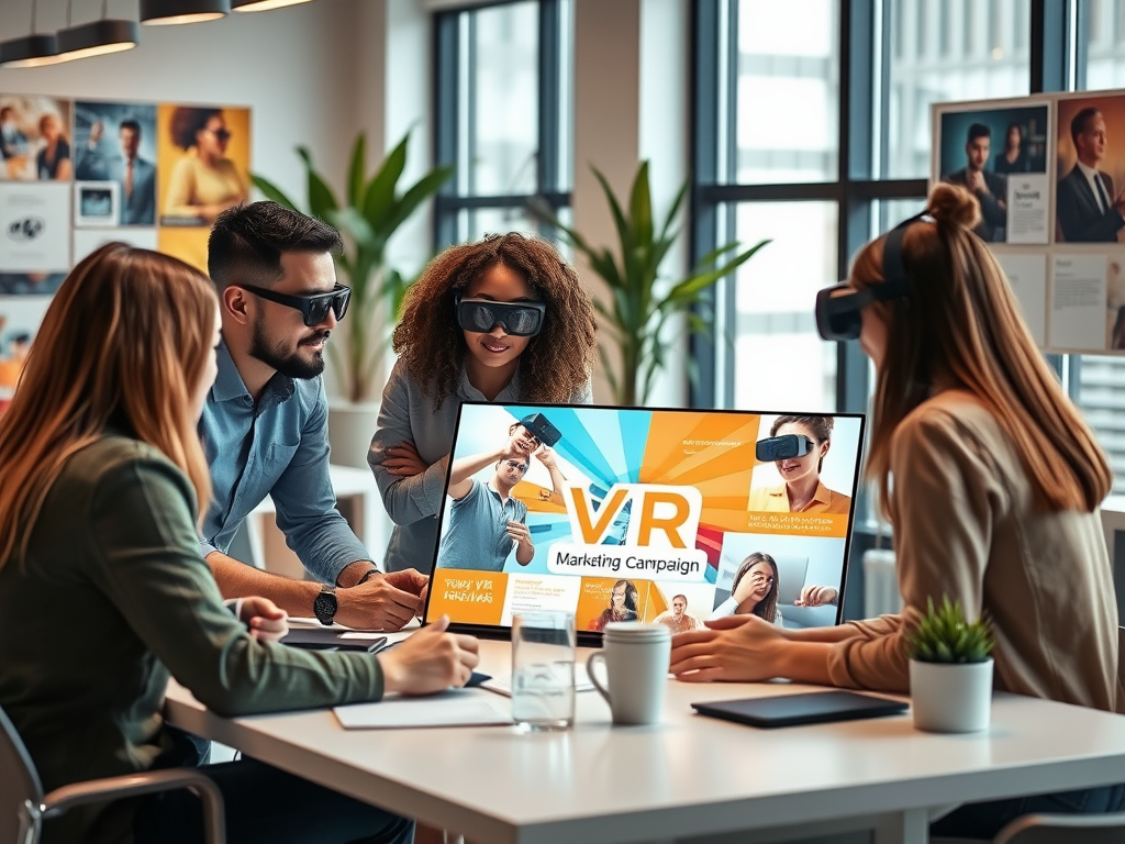 A team collaborates on a VR marketing campaign, discussing ideas with VR headsets and a computer screen.