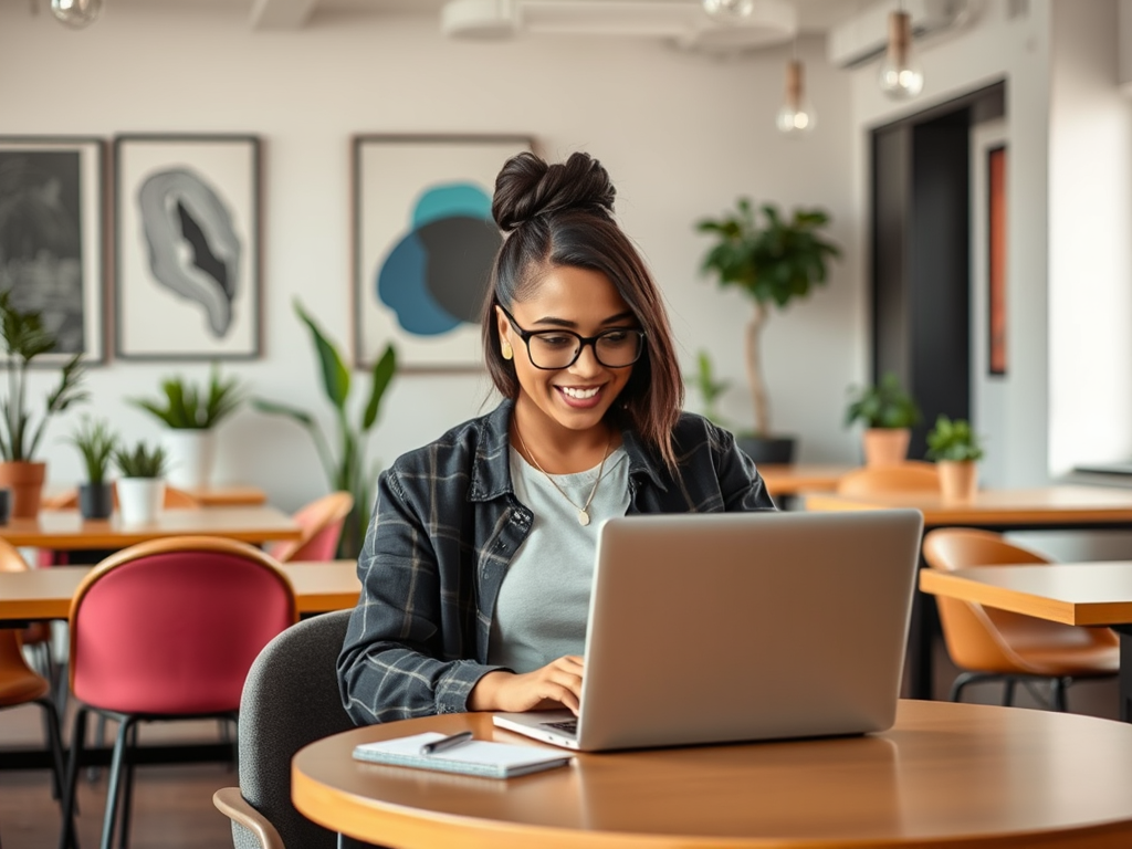 A young woman with glasses smiles while typing on a laptop in a modern café with greenery and artwork.