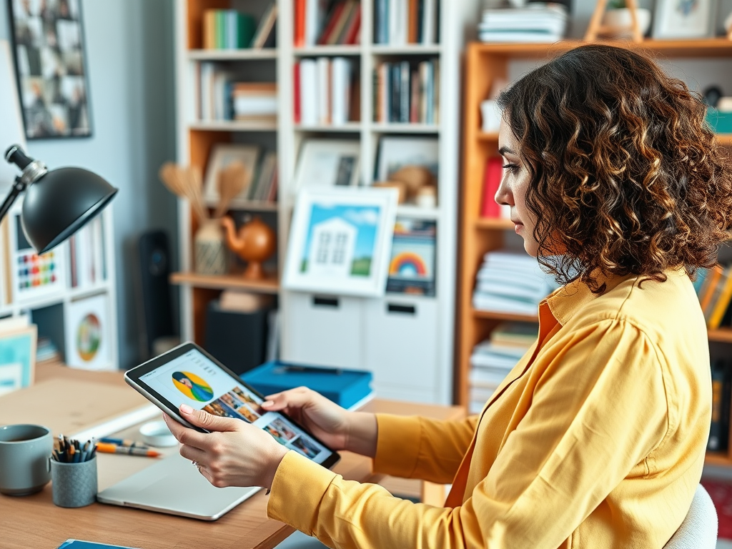 A woman in a yellow shirt sits at a desk, looking intently at a tablet in a cozy, organized workspace.