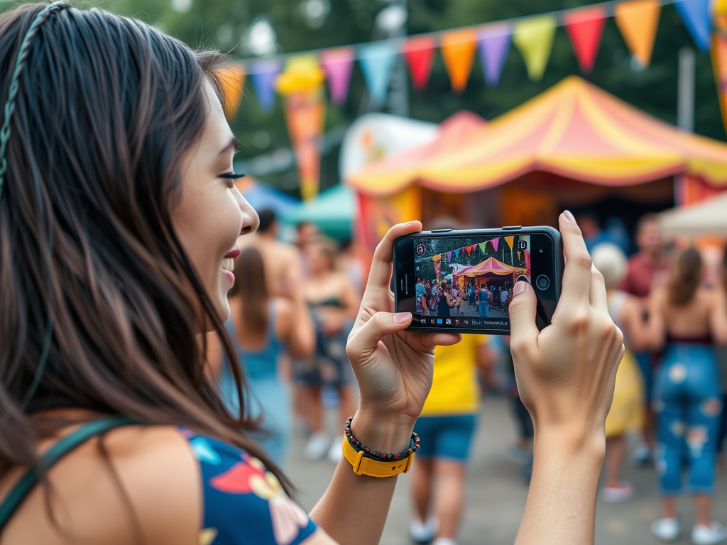 A woman smiles while taking a photo of a festive scene with colorful tents and decorations at an outdoor event.