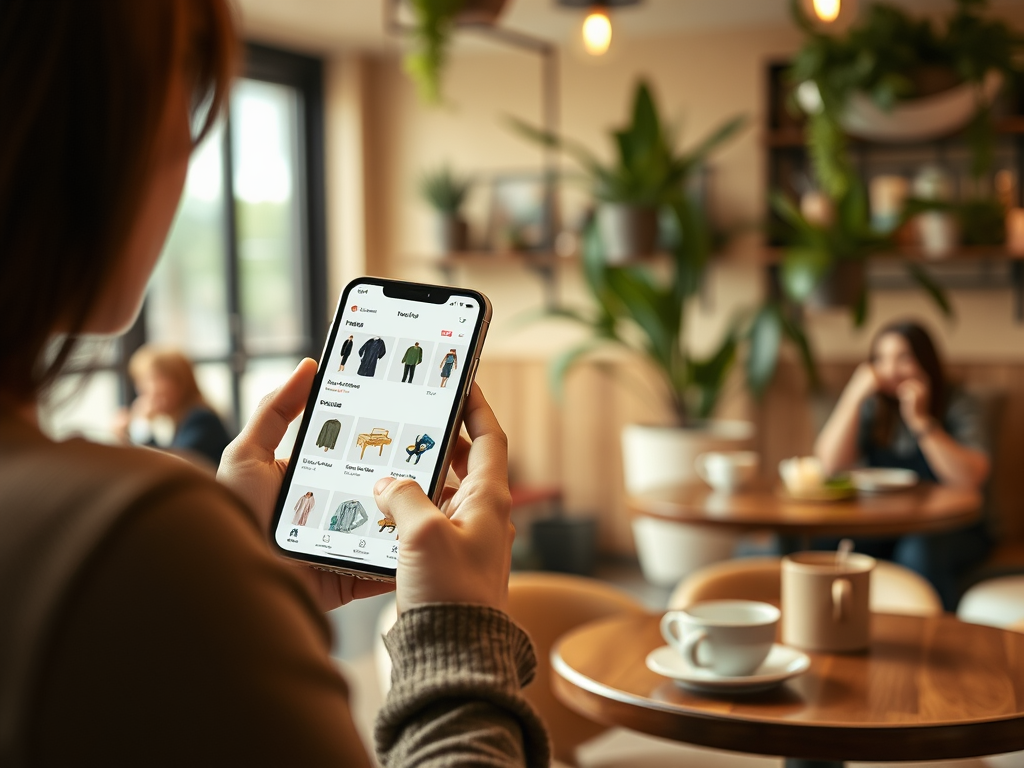 A person browsing a shopping app on their phone in a cozy cafe, with plants and other customers in the background.