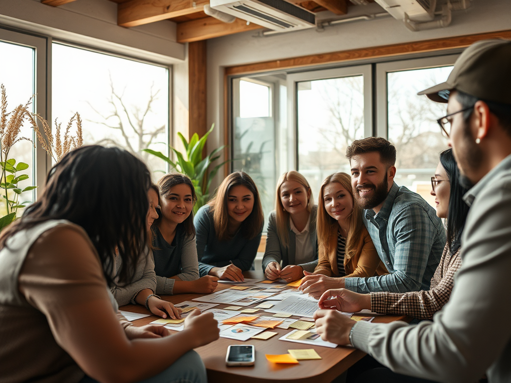 A diverse group of eight people collaborates around a table, sharing ideas with notes and papers in a bright room.
