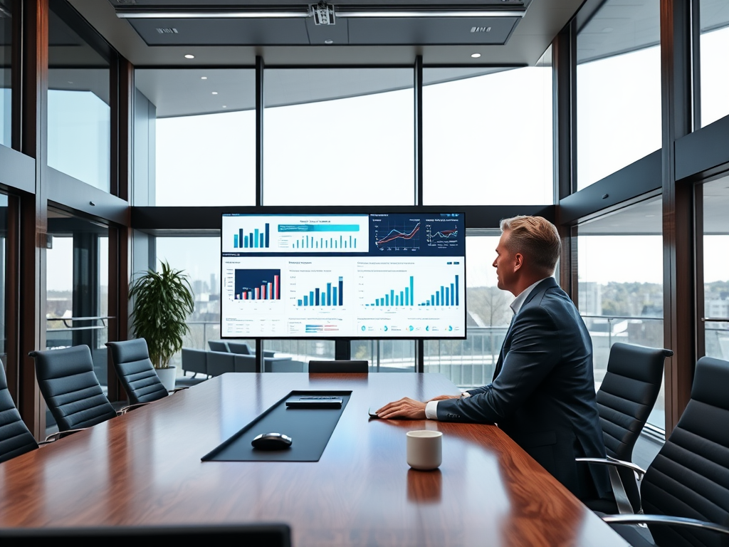 A businessman sits at a conference table, viewing financial graphs and charts displayed on a large screen.