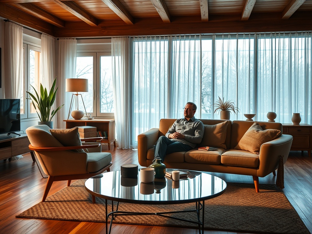 A man sits thoughtfully on a sofa in a cozy living room filled with natural light and stylish decor.