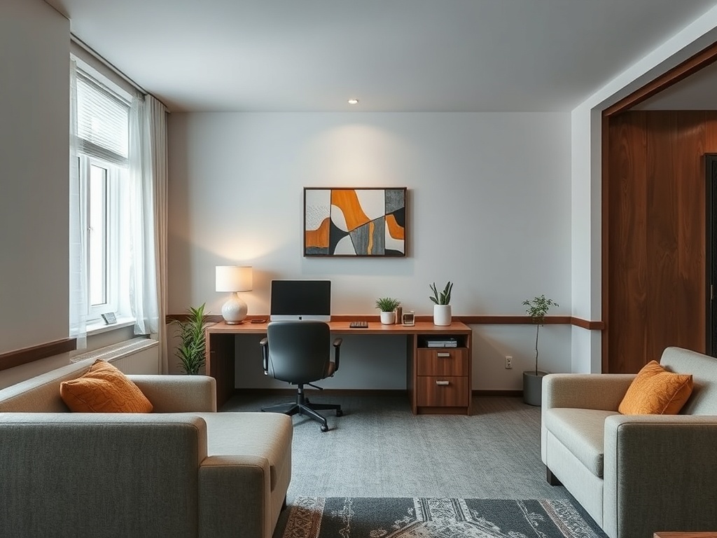 A modern office space featuring a desk, computer, plants, and comfortable seating with decorative artwork on the wall.