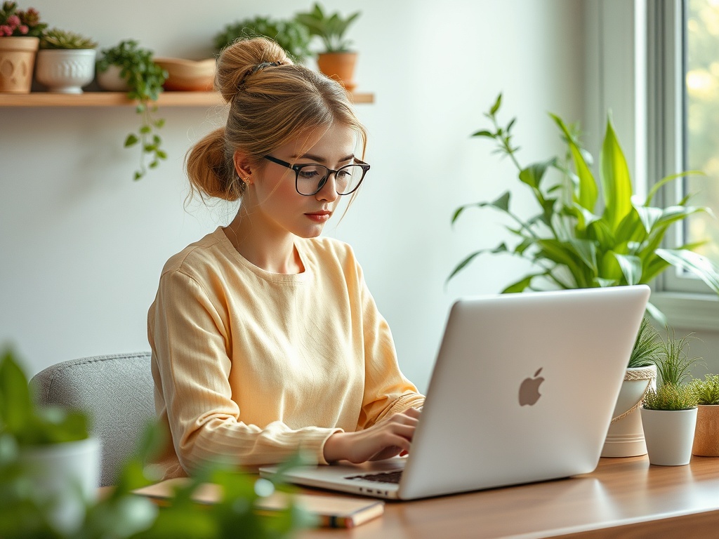 A young woman in a cozy home office types on a laptop, surrounded by green plants and natural light.