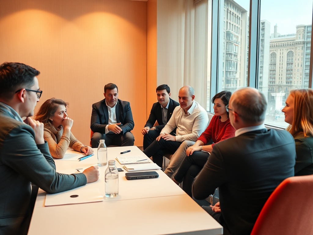 A group of professionals engaged in a discussion around a conference table with a city view in the background.