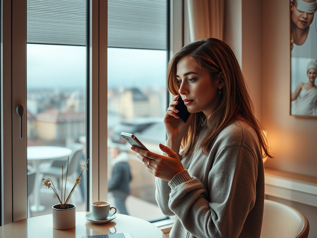 A woman sits at a table by the window, talking on her phone and checking her messages, with a coffee cup nearby.