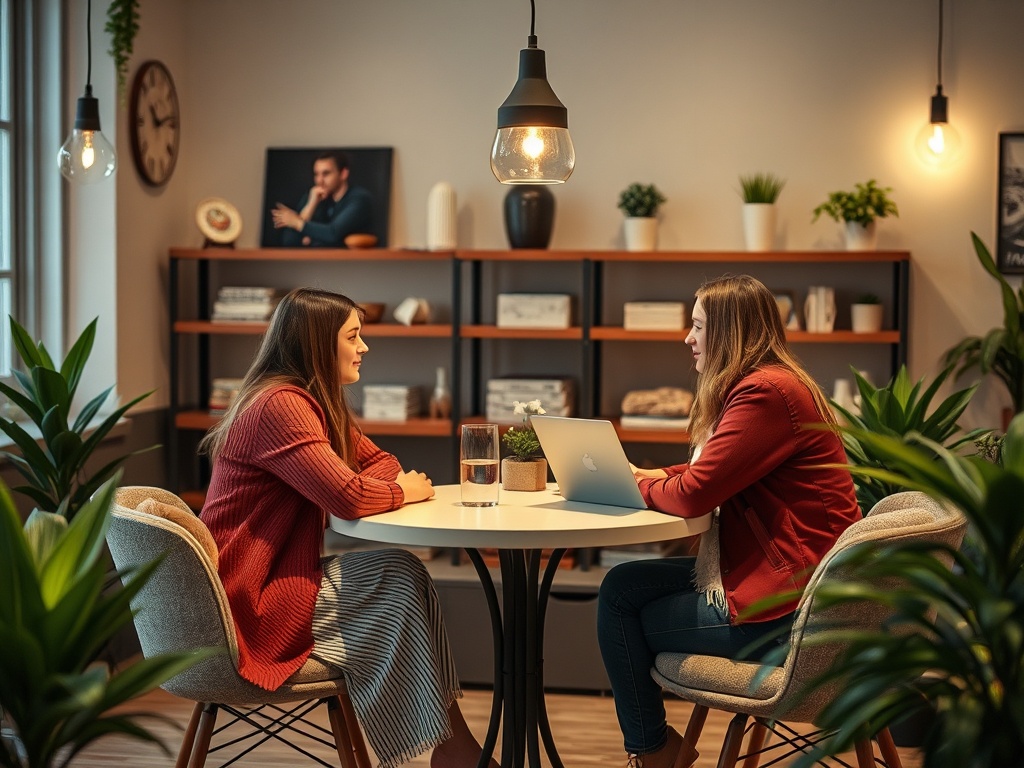 Two women are seated at a table in a cozy office, engaged in a conversation with a laptop and plants around them.
