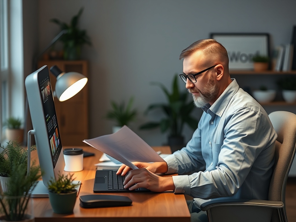A man in a blue shirt sits at a desk, working on a laptop and reviewing papers, with plants and a lamp nearby.