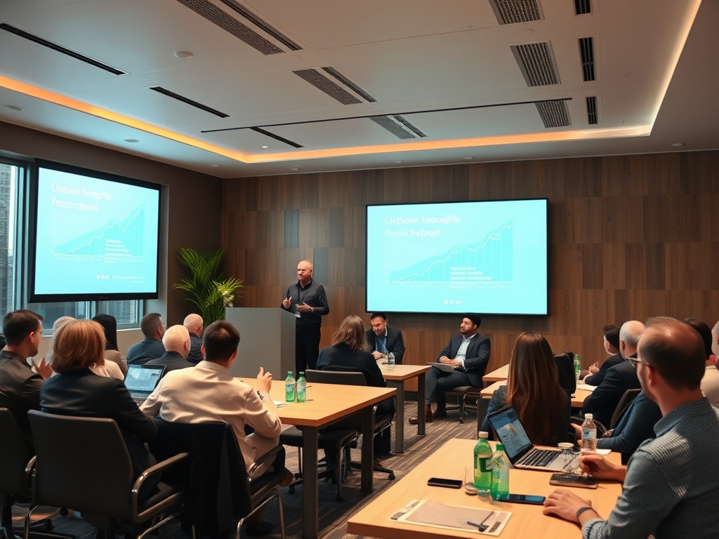 A speaker presents data to an audience in a modern conference room, with graphs displayed on a screen.
